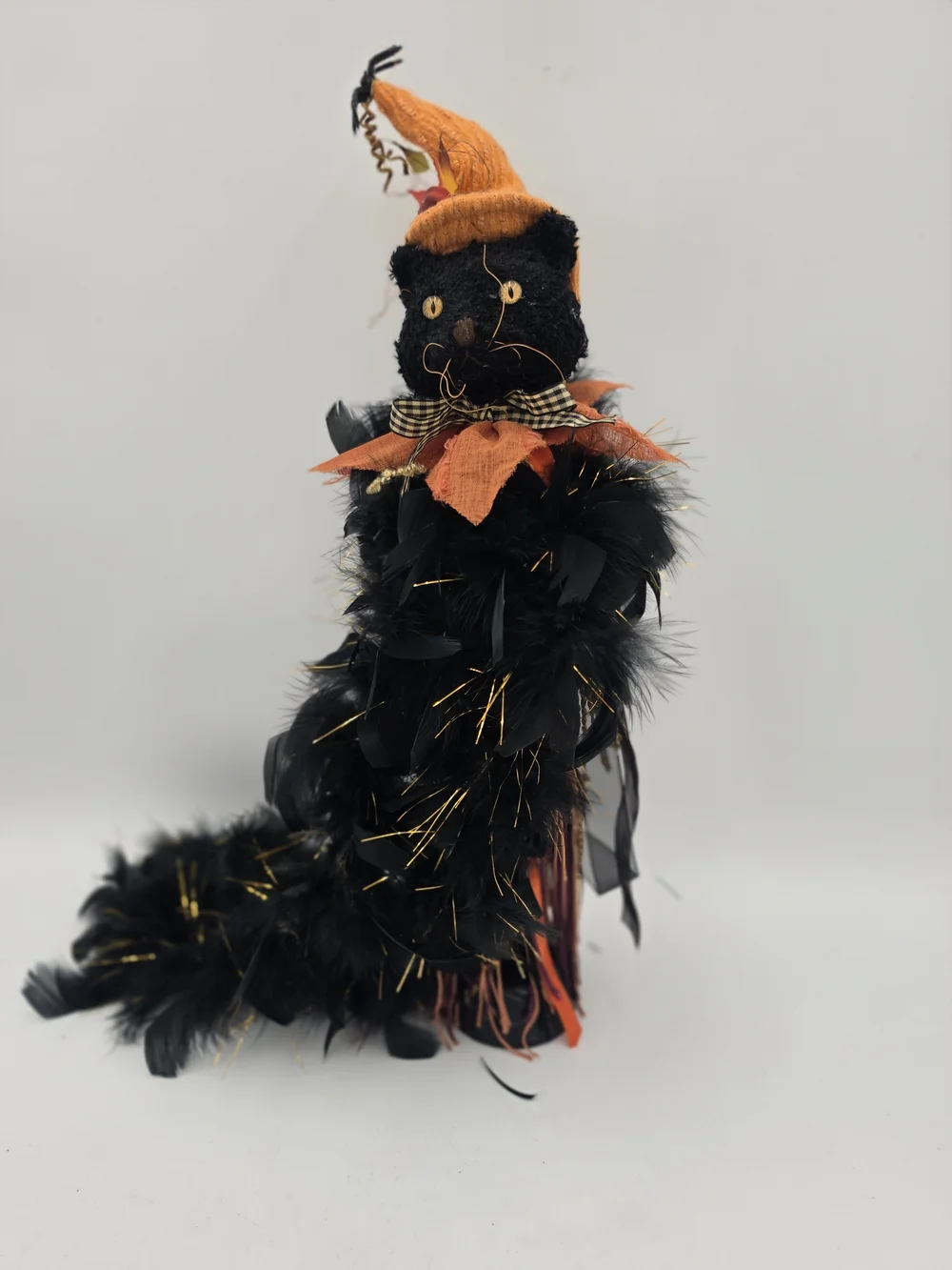 Halloween Black Feathery Cat Décor with Orange Hat